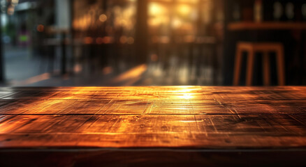 Fototapeta na wymiar Sunset Cafe Ambiance. A Warm Wooden Table Awaits in a Blurry Café Setting