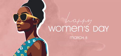 International Women's Day , March 8th.Banner with beautiful girl in sunglasses and watercolor background. Vector illustration. - obrazy, fototapety, plakaty