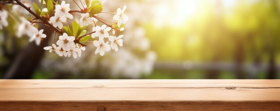 blank wooden table with spring flowers background