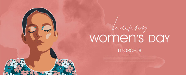 International Women's Day , March 8th.Banner with beautiful girl and watercolor background. Vector illustration.
