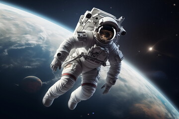 Fototapeta na wymiar An astronaut floating in space, with a view of Earth in the background. Astronaut in outer space over the planet Earth. Generated AI.