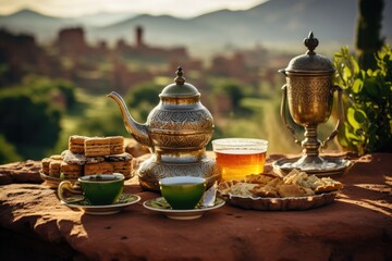 Moroccan Tea Time: Amidst the Rugged Landscape of the Atlas Mountains, a Table Arrangement Showcases a Traditional Moroccan Tea Set, Refreshing Mint Tea, and Sweet Pastries.	
 - obrazy, fototapety, plakaty