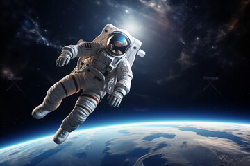 Fototapeta premium An astronaut floating in space, with a view of Earth in the background. Astronaut in outer space over the planet Earth. Generated AI.