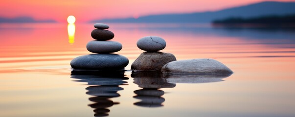 zen stones on peaceful lake wellness and spa concept banner