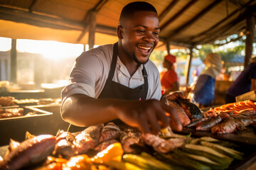 Grilled Seafood Charm: In Luanda, Angola, a Chef Delights in Grilling Fish in an Open-Air Restaurant, Infusing the Atmosphere with Good Disposition and Barbecue Bliss