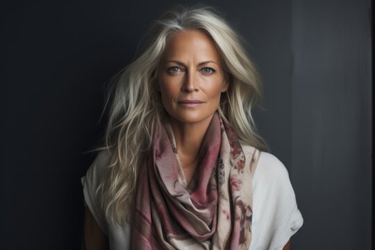 Portrait of beautiful middle aged woman with long blond hair wearing a scarf
