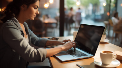 Close up of a woman working on a laptop in a cafe with a blurred background