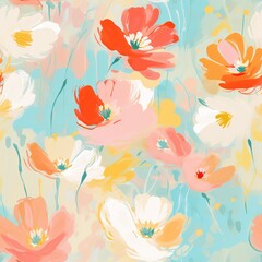 Acrylic illustration of bright summer colors, seamless pattern with acrylic flowers