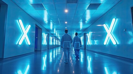 Doctors walking in the corridor of hospital with neon X light. - obrazy, fototapety, plakaty
