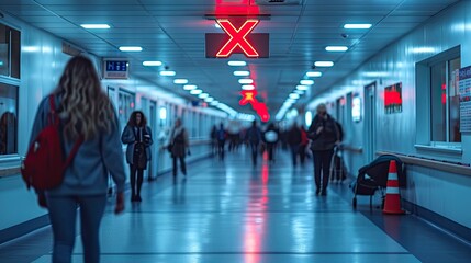 People walking in underground passage with red X letter sign on the wall. X virus concept alert. - obrazy, fototapety, plakaty