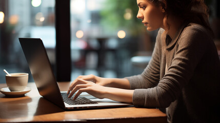 Person typing on  a woman working on her laptop in a cafe