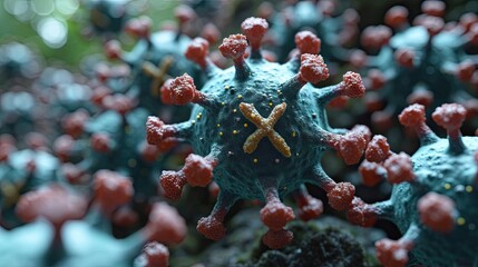 Virus cells as dangerous flu strain cases as a pandemic medical concept. X disease. - obrazy, fototapety, plakaty