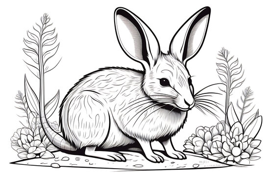 Greater Bilby black outline drawing on white background. Cartoon style coloring illustration. Funny macrotis with long pointy nose, big ears, long tail, associated with Easter.