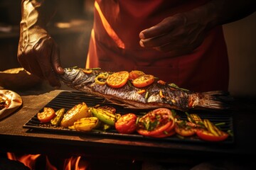 Grilled Seafood Charm: In Luanda, Angola, a Chef Delights in Grilling Fish in an Open-Air Restaurant, Infusing the Atmosphere with Good Disposition and Barbecue Bliss