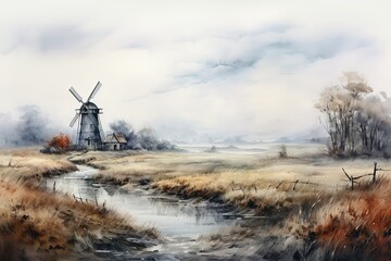 watercolor autumn landscape countryside with field and windmill