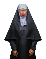 Middle age senior christian catholic nun woman over isolated background depressed and worry for distress, crying angry and afraid. Sad expression.