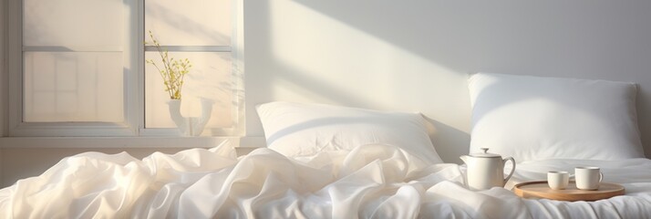 An empty crumpled morning bed with light-colored linens at home or in a hotel near the window, breakfast in bed, bright sunny morning, banner