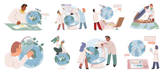 Scientific research. Vector illustration. Examining data collected during experiments helps draw meaningful conclusions Analyzing research findings allows for deeper understanding scientific phenomena - obrazy, fototapety, plakaty