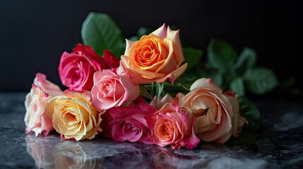 Fototapeta premium Elegant simplicity Bouquet of mixed-color roses placed on a marble surface