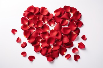 heart made of red rose petals isolated on white background top view, valentines day design