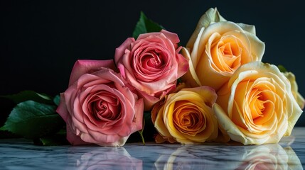 Elegant simplicity Bouquet of mixed-color roses placed on a marble surface