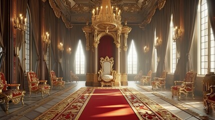 interior of castle or palace with golden chair bench of king - obrazy, fototapety, plakaty