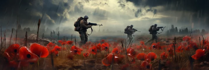 Rolgordijnen Poppy flowers on a field with soldiers, memorial poppies in memory of fallen soldiers in the war, banner © Henryzoom