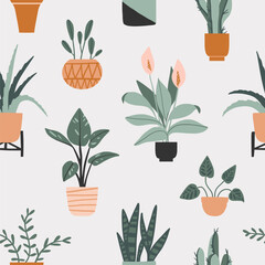 Seamless pattern with hand drawn flower pots on grey. Flat style, simple doodle home plants. Botany hand drawn illustrations of gardening. Urban jungle texture. Spring time. Natural trendy decor