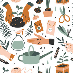 Gardening seamless pattern. Cute flat hand drawn elements: tools, seeds, flower pot, watering can. Hands holding young plants. Spring, summer time vector texture. Gardener farm, flower store concept - 711533797