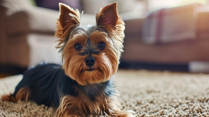 Cute Yorkshire Terrier dog sitting on a carpet indoors with warm lighting.