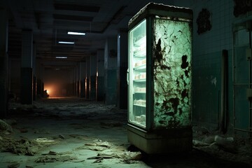 creepy glowing refrigerator in a dark abandoned building - Powered by Adobe