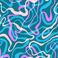 Vibrant groovy psychedelic seamless pattern. Retro 70s 90s 00s style. Neon hippie waves texture for textile, paper, fabric. Abstract geometric vector surface