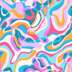 Vibrant groovy psychedelic seamless pattern. Retro 70s 90s 00s style. Neon hippie waves texture for textile, paper, fabric. Abstract geometric vector surface - 711533996