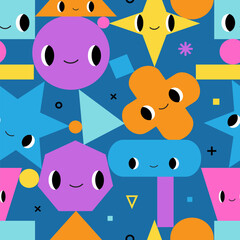 Obraz premium Funny geometry mosaic seamless pattern. Cute abstract shapes with emotions. Happy faces. Cute hand drawn flat cartoon characters texture for kids. Vector vibrant colorful background. Playful surface