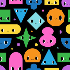 Funny geometry mosaic seamless pattern. Cute abstract shapes with emotions. Happy faces. Cute hand drawn flat cartoon characters texture for kids. Vector vibrant colorful background. Playful surface