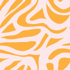 Vibrant groovy psychedelic seamless pattern. Retro 70s 90s 00s style. Neon hippie waves texture for textile, paper, fabric. Abstract geometric vector surface. Orange and pink - 711534189