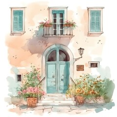 Fototapeta na wymiar watercolor postcard door of an old cozy mediterranean house with flower bed