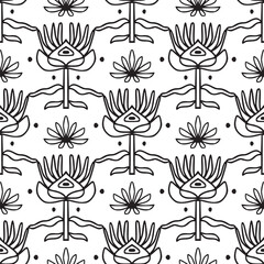 Simple seamless pattern with folk linear flowers. Black and white. Vintage, retro style texture for textile, fabric, home decor, wallpaper. Abstract bohemian line art background. Stylized florals - 711534559