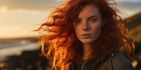 Woman Red Hair Model Beach Fashion Concept - obrazy, fototapety, plakaty