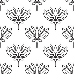 Simple seamless pattern with folk linear flowers. Black and white. Vintage, retro style texture for textile, fabric, home decor, wallpaper. Abstract bohemian line art background. Stylized florals