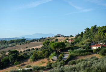 Fototapeta na wymiar Beautiful view, hills, blue sky, Italian landscape, mountains, travel in Europe, vacation, tourism.