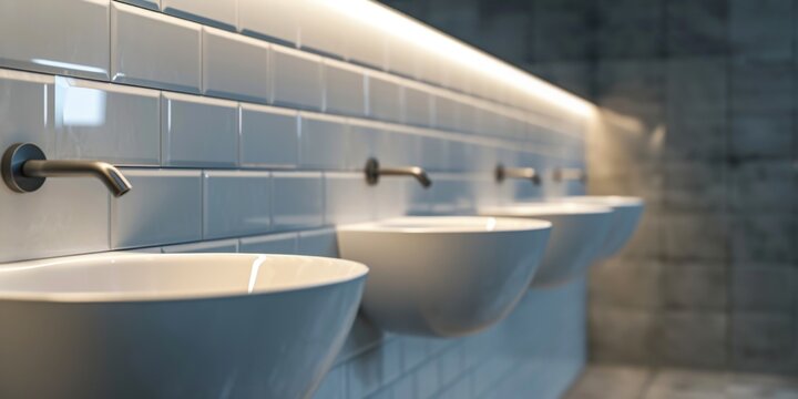 A row of sinks in a public restroom. Suitable for commercial or architectural purposes
