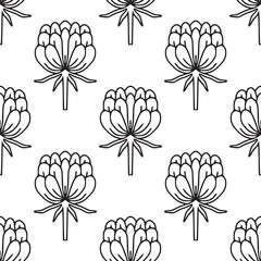 Simple seamless pattern with folk linear flowers. Black and white. Vintage, retro style texture for textile, fabric, home decor, wallpaper. Abstract bohemian line art background. Stylized florals