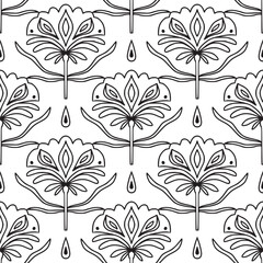 Simple seamless pattern with folk linear flowers. Black and white. Vintage, retro style texture for textile, fabric, home decor, wallpaper. Abstract bohemian line art background. Stylized florals