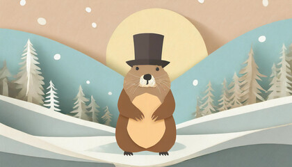 a ground hog wearing a top hat in the winter sun pastel coloured illustration - obrazy, fototapety, plakaty