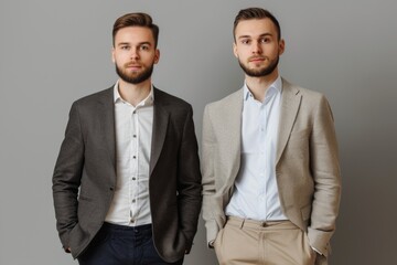 Business partners posing in front of gray background  looking at camera and smiling. - Powered by Adobe