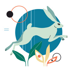Card, poster with rabbit or hare, geometric abstract shape, doodle elements and plant. Easter animal. Vector flat minimalist style bunny illustration