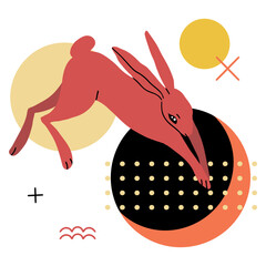 Card, poster with rabbit or hare, geometric abstract shape, doodle elements and plant. Easter animal. Vector flat minimalist style bunny illustration