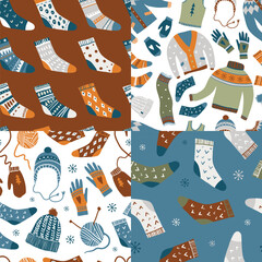 Set of 4 seamless patterns with warm clothes and accessories: sweaters, socks, hats, mittens, knitting tools and yarn. Vector textures. Hand drawn flat illustrations. Winter holidays concept
