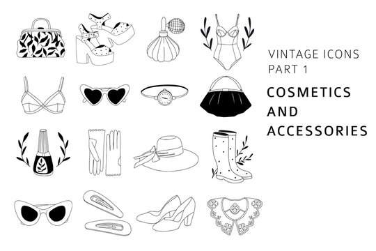 Vintage line art accessories set: sunglasses, bags, perfume, shoes, hat, bra, rain boots, gloves. Linear icons with floral elements for logo, brand design. Elegant bohemian outline vector collection.
